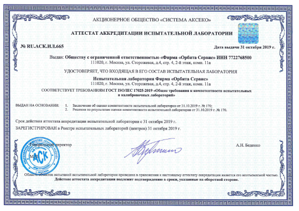 Сертификат соответствия № ВР 21.1.14371-2020